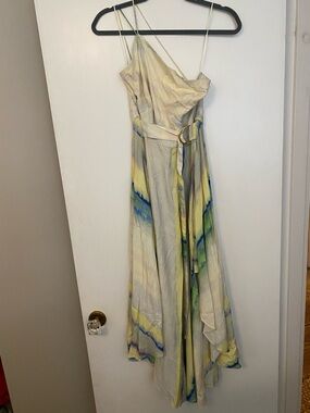 Luxxel Watercolor One Shoulder Midi Dress with Belt